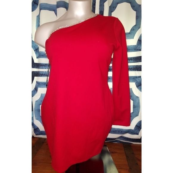 Plus size asymmetrical red diamond party dress. - Picture 2 of 5